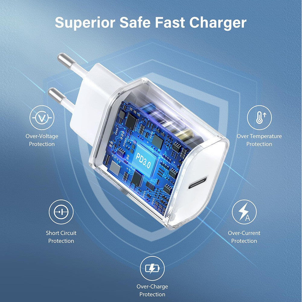 Incarcator Retea Fast Charge, Adaptor Priza Power Delivery 20W, Protectie Suprasarcina, Compatibil iPhone 8-14, USB-C, Alb