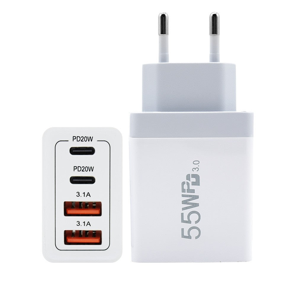 Incarcator Retea Fast Charge 55W, Adaptor Priza Quick Charge 3.0 si Power Delivery, 4 Porturi USB-C si USB-A, Compatibilitate Universala, Stecher EU, Alb