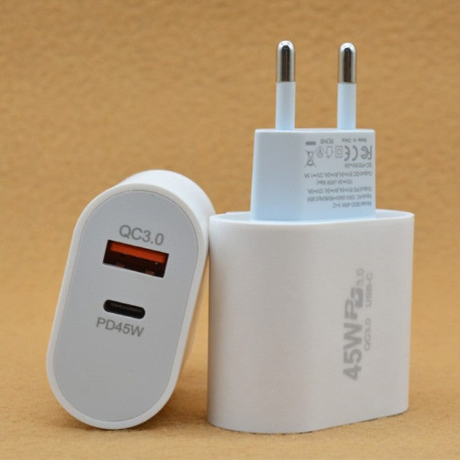 Incarcator Retea Fast Charge, Power Delivery 45W, Quick Charge 4.5, Dual Port USB-C si USB-A, Universal, Plastic, Alb