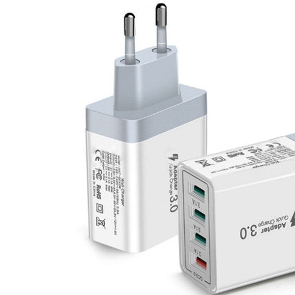 Incarcator Retea Fast Charge 33W, Adaptor Universal cu 4 Porturi USB-A, Tehnologie Quick Charge 3.0, Protectie Supratensiune, Stecher EU, Alb