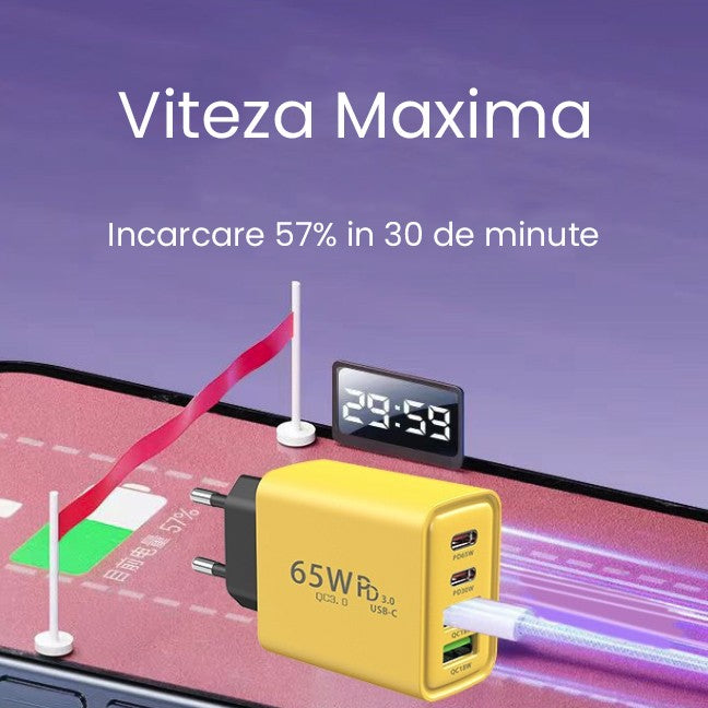 Incarcator Retea Fast Charge 65W, Alimentator Quick Charge 3.0 si Power Delivery, 4 Porturi USB-C si USB-A, Universal, Galben