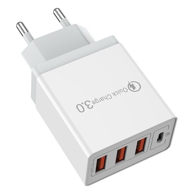 Incarcator Retea Fast Charge 32W, Incarcator Telefon cu 4 Porturi 3x USB-A si 1x USB-C, Quick Charge 3.0, Power Delivery, Priza Standard European, Alb