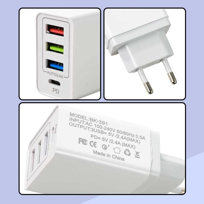 Incarcator Retea Fast Charge 32W, Incarcator Telefon cu 4 Porturi 3x USB-A si 1x USB-C, Quick Charge 3.0, Power Delivery, Priza Standard European, Alb