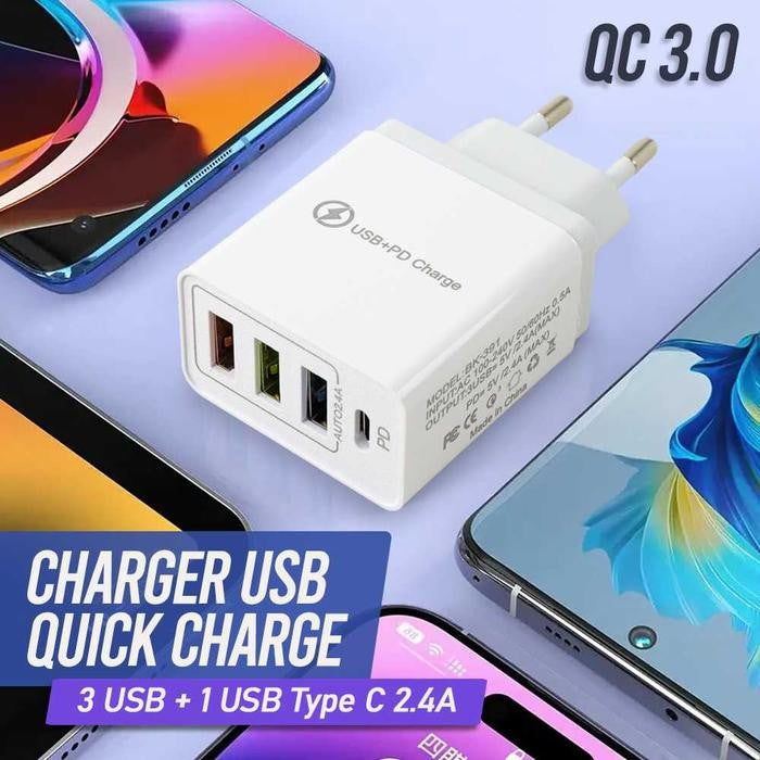 Incarcator Retea Fast Charge 32W, Incarcator Telefon cu 4 Porturi 3x USB-A si 1x USB-C, Quick Charge 3.0, Power Delivery, Priza Standard European, Alb