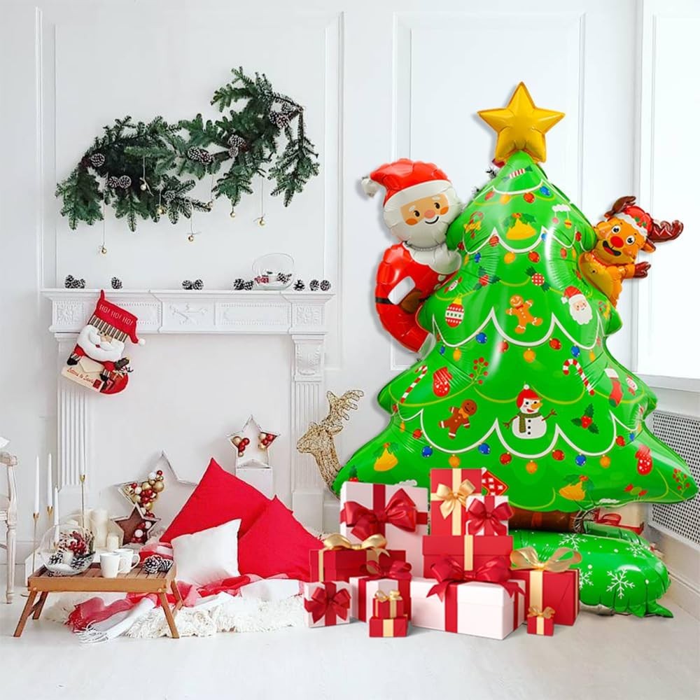 Balon Gigant Brad de Craciun, Decoratiune cu Baza Stabila, Folie de Aluminiu, 62 x 34 x 117 cm, Verde