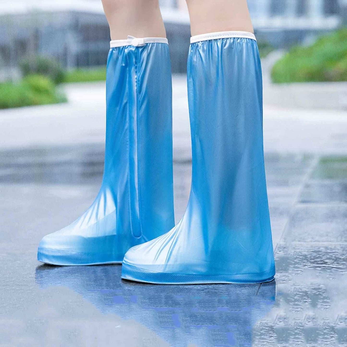 Huse Protectie Incaltaminte Impermeabile, Protectii Ploaie si Noroi cu Fermoar si Capsa, Talpa Antiderapanta, Inaltime 40 cm, PVC, Marime S 34-35, Albastru