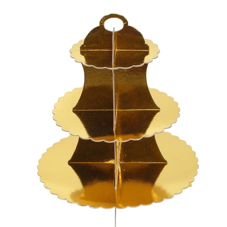 Etajera Suport pentru Prajituri si Cupcakes, Design Elegant cu 3 Nivele, Carton Rezistent, Inaltime 38 cm, Diametre 16/22/29 cm, Auriu