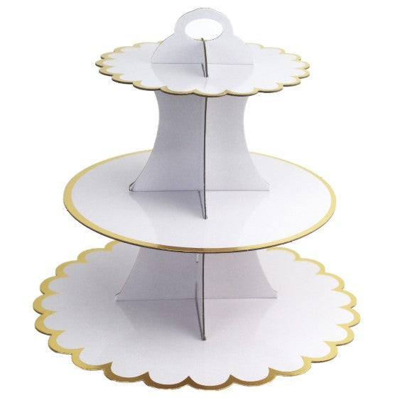 Etajera Suport pentru Prajituri si Cupcakes, Design Elegant cu 3 Nivele, Carton Rezistent, Inaltime 38 cm, Diametre 16/22/29 cm, Alb