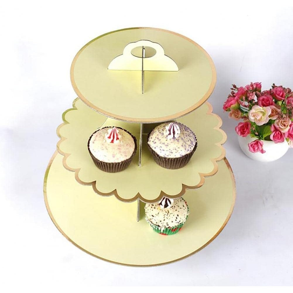 Etajera Pentru Prajituri Si Cupcakes, Suport Deserturi 3 Nivele, Carton Rezistent, Diametru 16/22/29 cm, Inaltime 38 cm, Galben