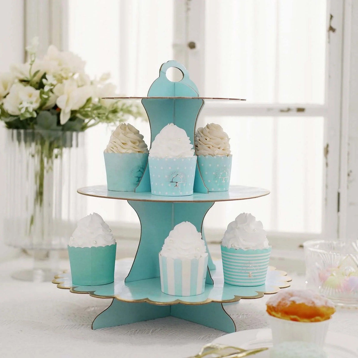 Etajera pentru Prajituri si Cupcakes, Suport Deserturi cu 3 Nivele, Carton Rezistent, Inaltime 38 cm, Diametru 16/22/29 cm, Albastru