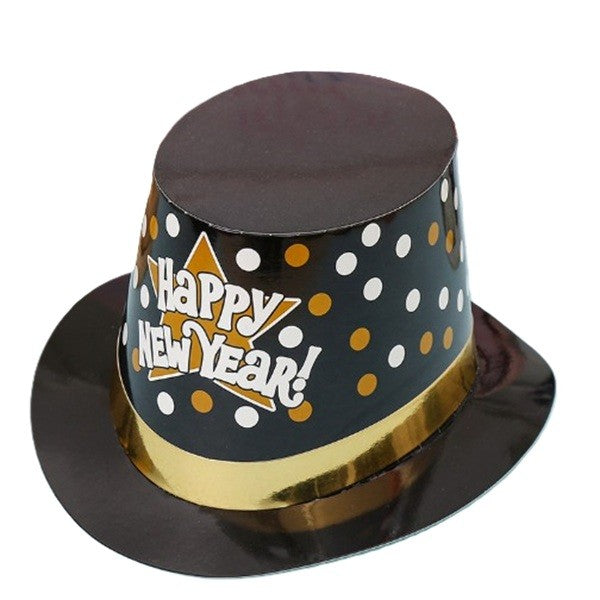 Palarie Tip Lincoln Happy New Year, Accesoriu Petrecere Revelion si Anul Nou cu Buline, Carton Rezistent, Marime Universala, 29.5 x 25 x 14 cm, Negru/Auriu