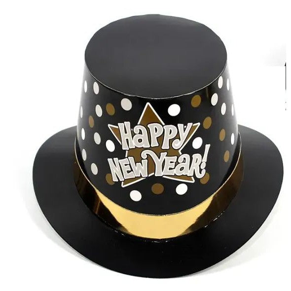 Palarie Tip Lincoln Happy New Year, Accesoriu Petrecere Revelion si Anul Nou cu Buline, Carton Rezistent, Marime Universala, 29.5 x 25 x 14 cm, Negru/Auriu