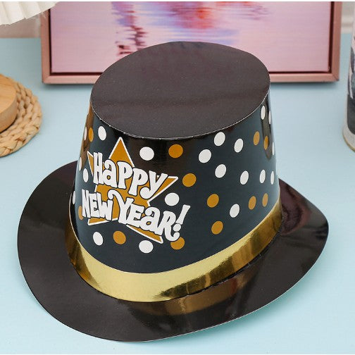 Palarie Tip Lincoln Happy New Year, Accesoriu Petrecere Revelion si Anul Nou cu Buline, Carton Rezistent, Marime Universala, 29.5 x 25 x 14 cm, Negru/Auriu