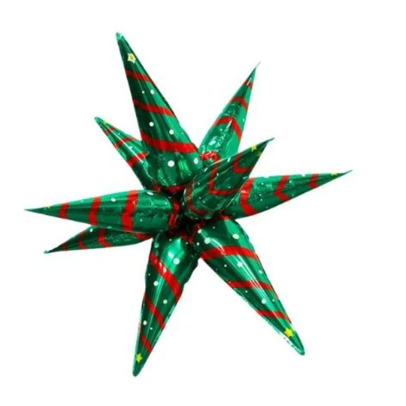 Balon Decorativ Stea 3D Starburst, Tema Craciun cu 12 Varfuri, Folie Aluminiu, 65 x 23 cm, Rosu/Verde