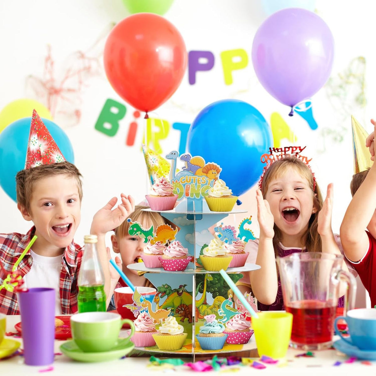 Etajera pentru Prajituri si Cupcakes, Suport 3 Nivele Deserturi, Tema Dinozauri, Carton Rezistent, Inaltime 38 cm, Diametre 16/22/29 cm, Multicolor