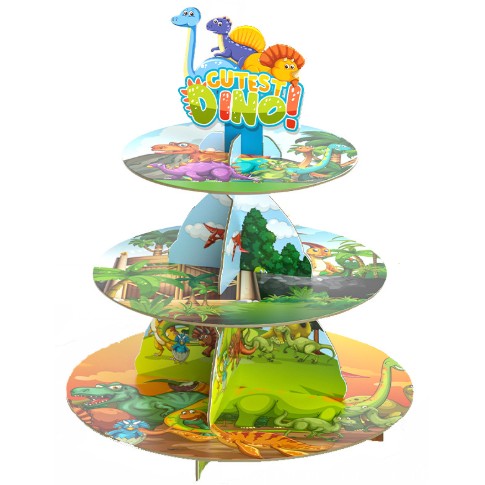 Etajera pentru Prajituri si Cupcakes, Suport 3 Nivele Deserturi, Tema Dinozauri, Carton Rezistent, Inaltime 38 cm, Diametre 16/22/29 cm, Multicolor