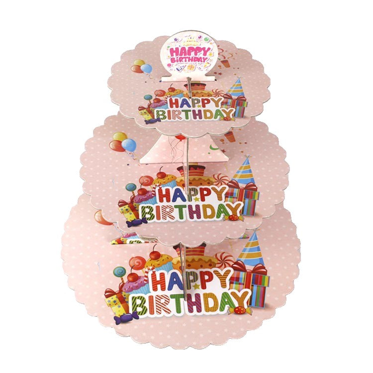 Etajera pentru Prajituri si Cupcakes, Suport Deserturi 3 Nivele, Tema Happy Birthday, Carton Rezistent, 16/22/29 cm, Roz, Inaltime 38 cm