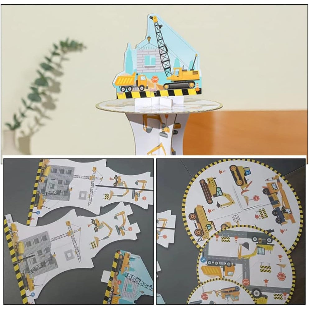 Etajera pentru Prajituri si Cupcakes, Suport Deserturi Tema Utilaje de Santier, Carton Rezistent, 3 Nivele, Diametru 16/22/29 cm, Inaltime 38 cm, Multicolor