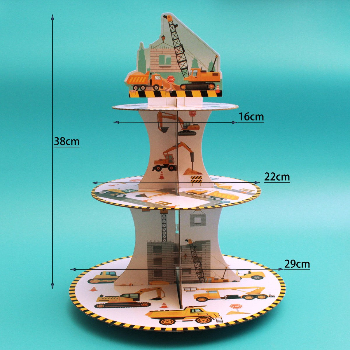 Etajera pentru Prajituri si Cupcakes, Suport Deserturi Tema Utilaje de Santier, Carton Rezistent, 3 Nivele, Diametru 16/22/29 cm, Inaltime 38 cm, Multicolor