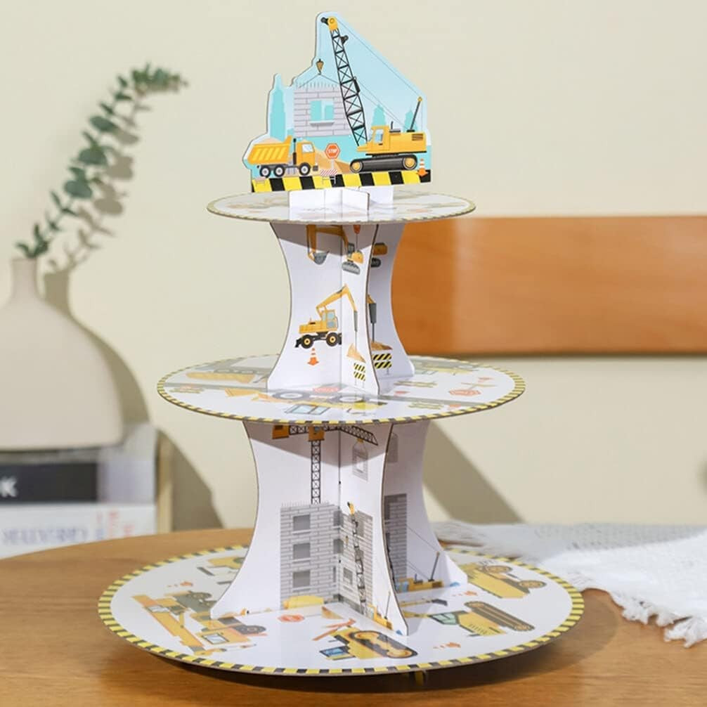 Etajera pentru Prajituri si Cupcakes, Suport Deserturi Tema Utilaje de Santier, Carton Rezistent, 3 Nivele, Diametru 16/22/29 cm, Inaltime 38 cm, Multicolor