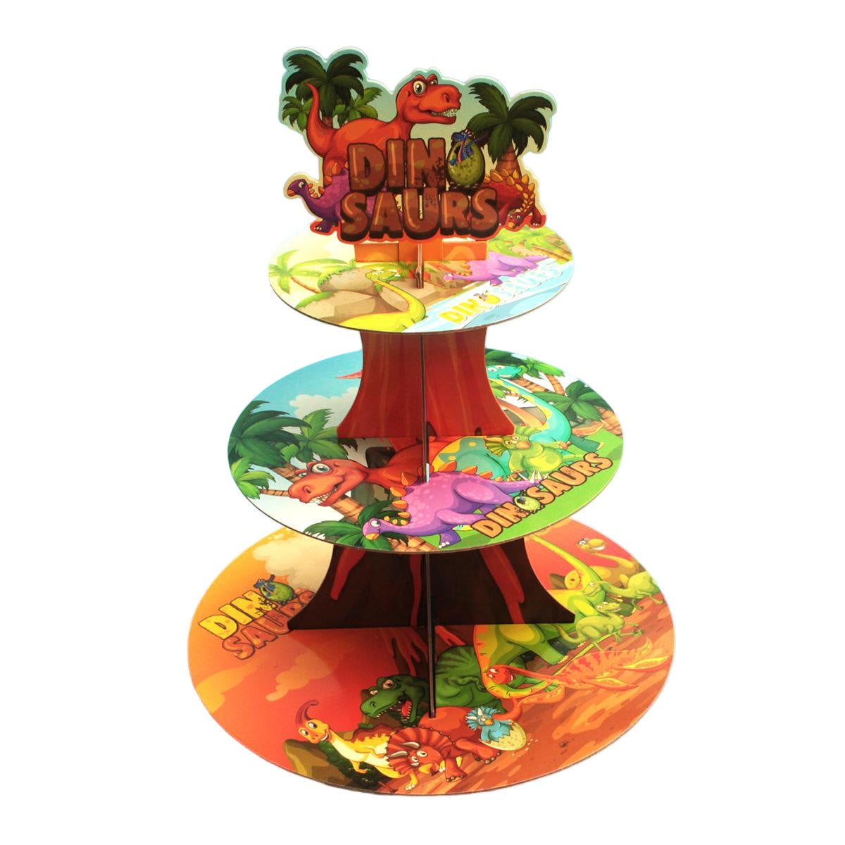 Etajera Suport pentru Prajituri si Cupcakes, Tema Dinozauri, Petrecere Copii, Carton Rezistent, 3 Nivele, Diametru 16/22/29 cm, Inaltime 38 cm, Multicolor