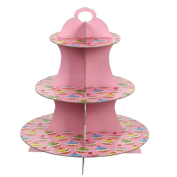 Suport Prăjituri și Candy Bar, Etajat pentru Petreceri și Evenimente, Carton Rezistent, 3 Etaje, Roz/Multicolor