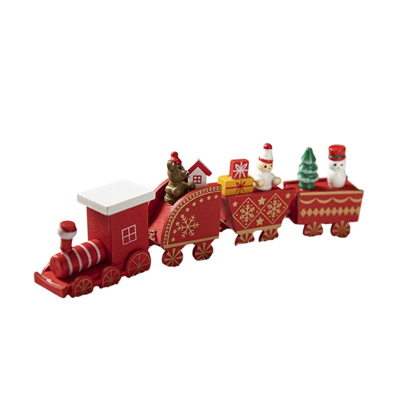 Trenulet Decorativ de Craciun, Ornament Figurina cu Personaje Festive, Lemn Pictat Manual, 20 cm, Rosu