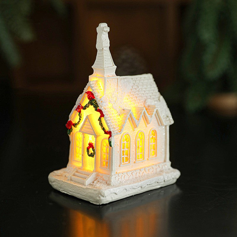 Decoratiune Biserica de Craciun Iluminata, Ornament Festiv cu Lumina Calda, Rasina, 8.8 x 6 x 4.5 cm, Alb