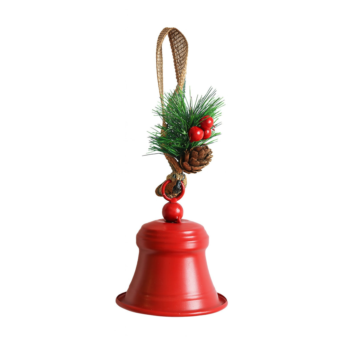 Clopot Decorativ pentru Brad Craciun, Clopotel cu Funda si Crenguta de Brad Artificiala, Metal, 10 x 8 x 8 cm, Rosu