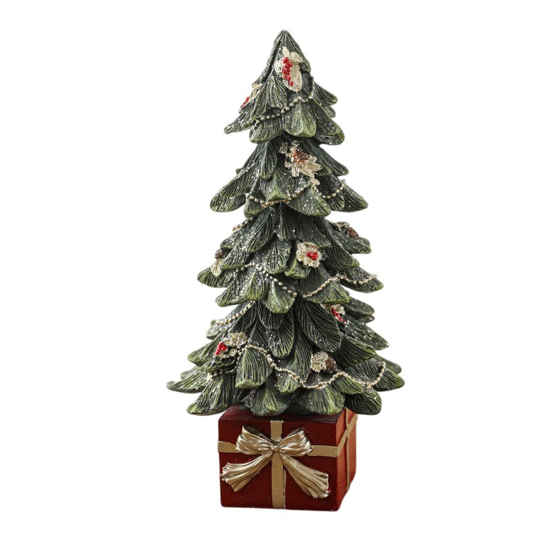 Ornament Brad De Craciun Cu Cadouri, Decoratiune Festiva Din Rasina Pentru Masa Sau Semineu, Model Sculptat, 26.5 x 13 x 13 cm, Verde Cu Rosu