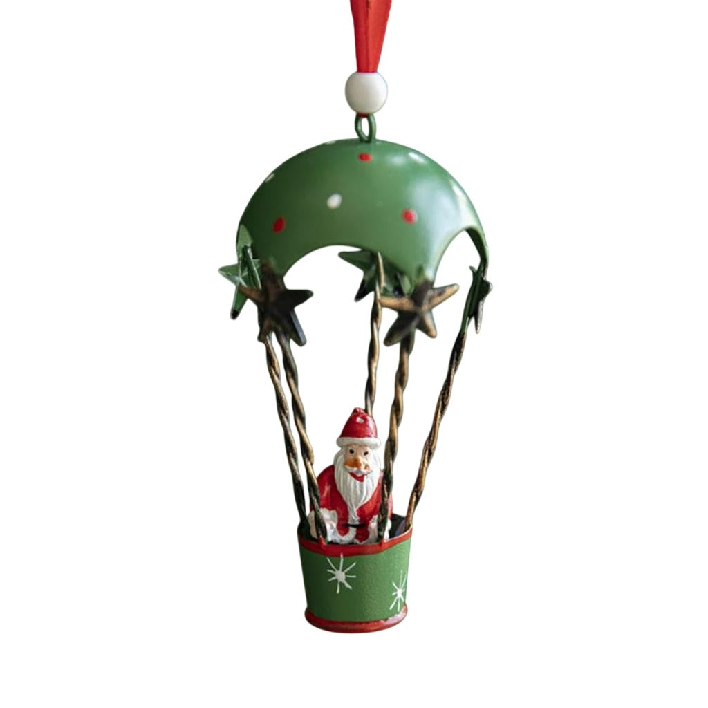 Ornament Brad Craciun, Figurina Mos Craciun in Balon cu Aer Cald, Decoratiune Suspendata din Metal, 11 x 5.5 x 5.5 cm, Verde
