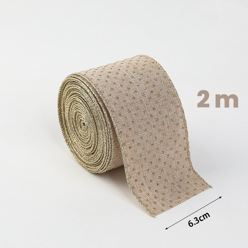 Panglica Decorativa de Craciun pentru Brad si Funde, Imprimeu Puncte Aurii, Material Textil Flexibil, 200 x 6.3 cm, Khaki/Auriu