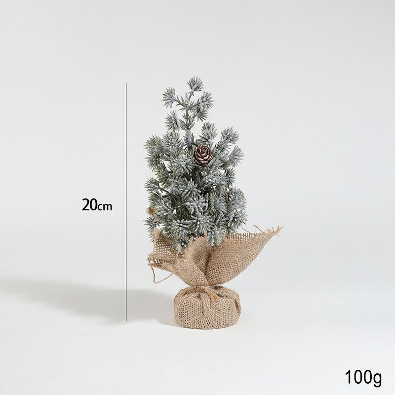 Brad de Craciun Artificial Mini, Ornament Decorativ pentru Masa si Birou, Efect de Zapada cu Conuri Naturale, Baza din Iuta, Plastic, 20 cm, Verde Alb