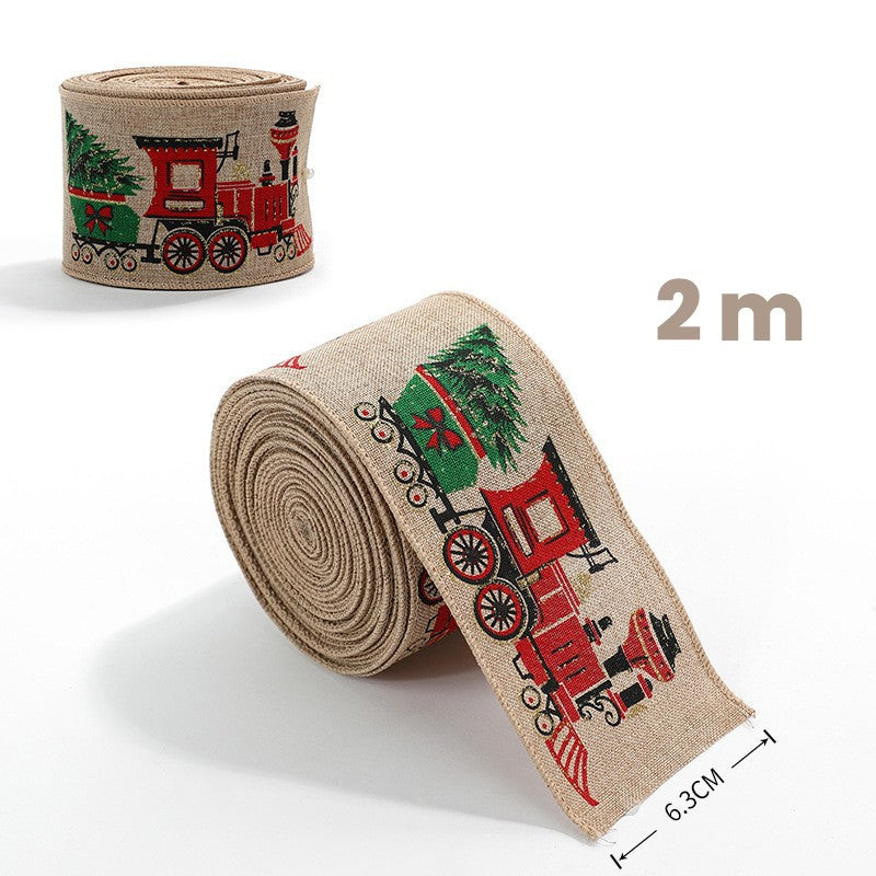 Panglica Decorativa Craciun pentru Brad si Cadouri, Imprimeu Trenulet, Material Textil Flexibil, Khaki, 200 x 6.3 cm