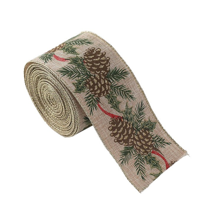 Panglica Decorativa Craciun, Imprimeu Conuri de Brad, Textil Flexibil pentru Funde si Cadouri, Khaki Verde Maro, 200 x 6.3 cm