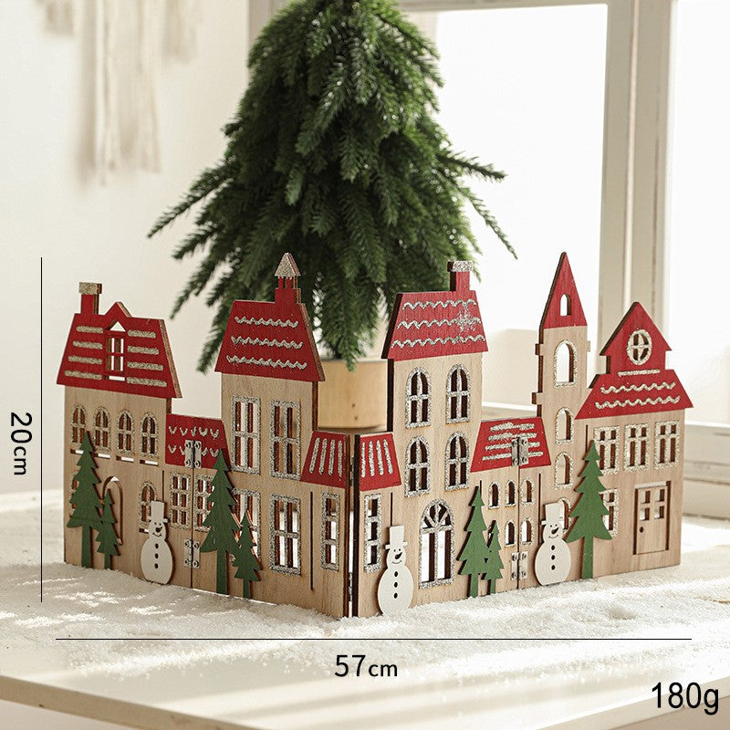 Gard Decorativ pentru Baza Bradului de Craciun, Model Orasel Castel European, Lemn Pliabil, 57 x 20 cm, Maro Natur si Rosu