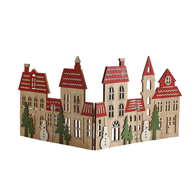 Gard Decorativ pentru Baza Bradului de Craciun, Model Orasel Castel European, Lemn Pliabil, 57 x 20 cm, Maro Natur si Rosu