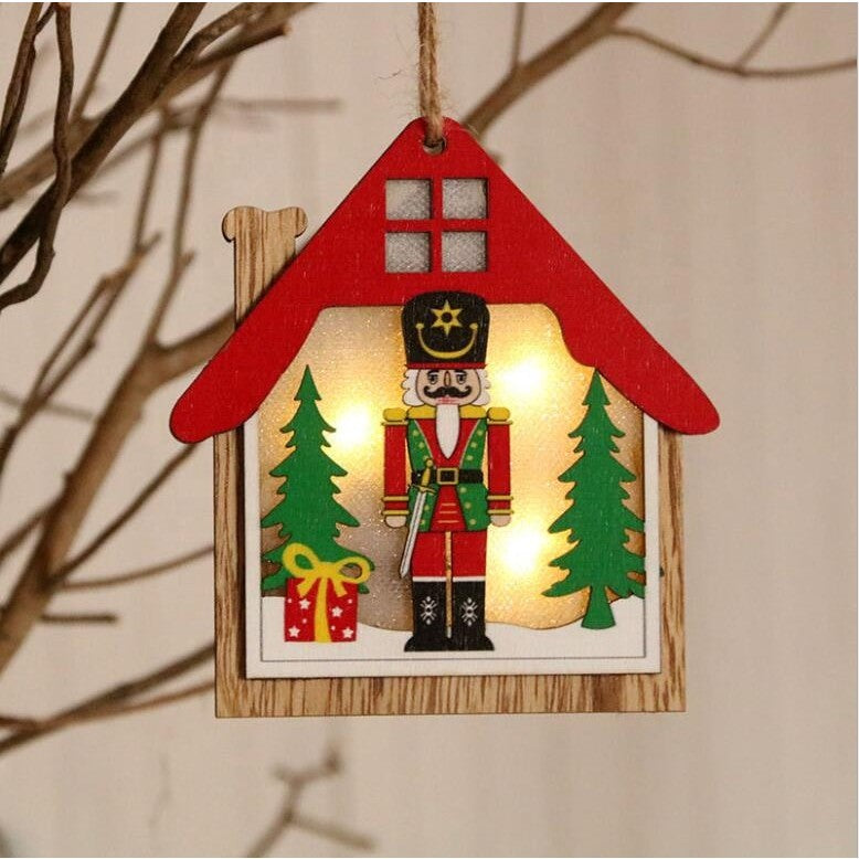 Ornament de Brad, Figurina Spargatorul de Nuci cu Lumini LED, Decupaj Laser, Lemn Natural, 11 x 11 cm, Multicolor