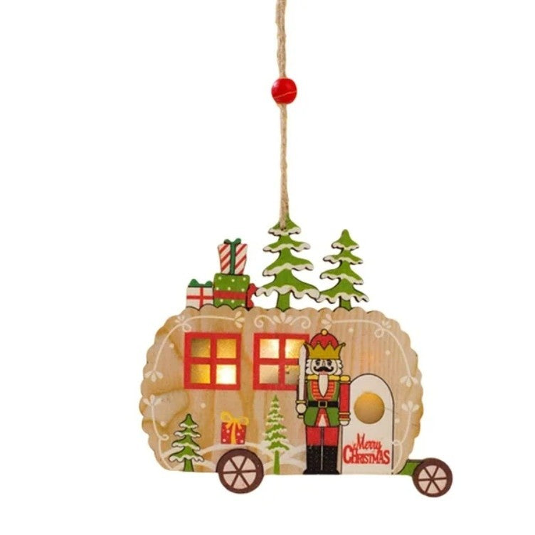 Ornament de Brad cu Lumini LED, Figurina Spărgătorul de Nuci, Lemn Natural Decupat Laser, Pandantiv Luminos Crăciun, Multicolor, 11 x 11 cm