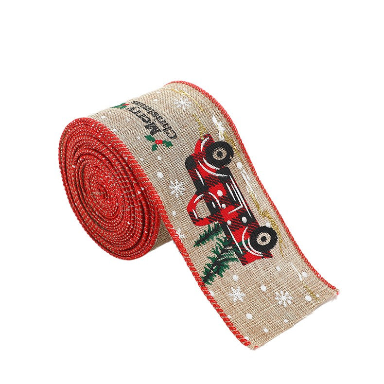 Panglica Decorativa de Craciun pentru Brad si Funde, Imprimeu Tematic Pick-Up Merry Christmas, Material Textil Flexibil, 200 x 6.3 cm, Khaki Rosu