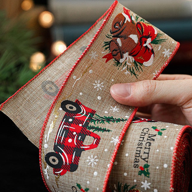 Panglica Decorativa de Craciun pentru Brad si Funde, Imprimeu Tematic Pick-Up Merry Christmas, Material Textil Flexibil, 200 x 6.3 cm, Khaki Rosu