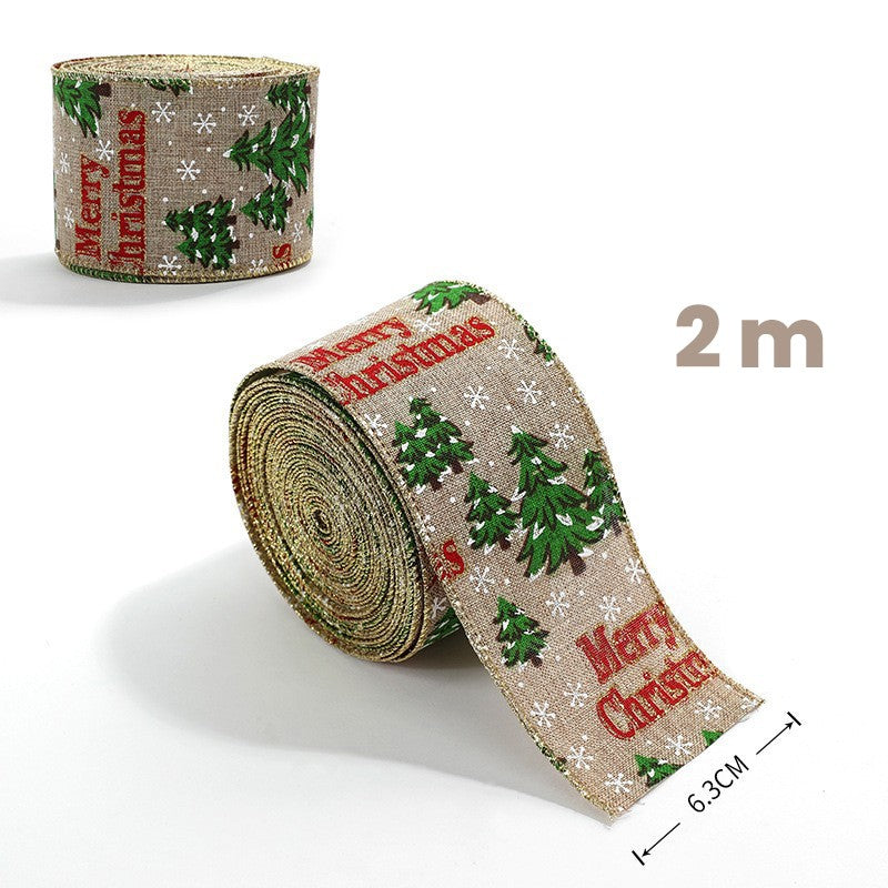 Panglica Decorativa de Craciun pentru Brad si Cadouri, Model Brazi Merry Christmas, Material Textil Flexibil, Khaki si Rosu, 200 x 6.3 cm