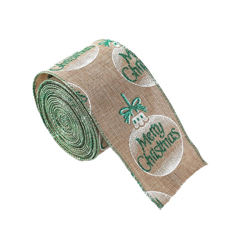 Panglica Decorativa de Craciun, Imprimeu Globulet Merry Christmas, Material Textil Flexibil pentru Brad si Cadouri, Khaki Alb Verde, 200 x 6.3 cm