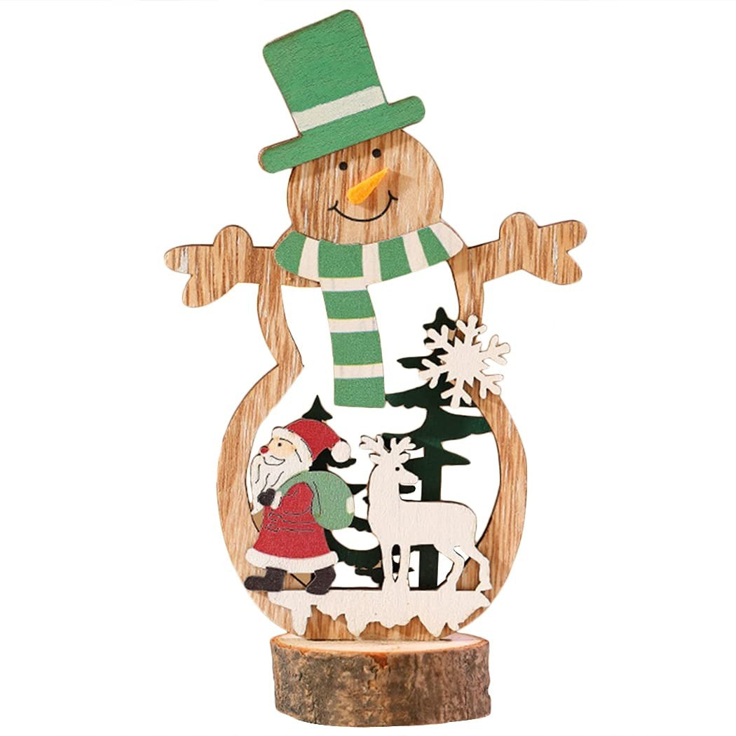 Decorațiune de Crăciun de Sine Stătătoare, Figurină Om de Zăpadă cu Căciulă Verde, Lemn Natural, Multicolor, 10.5 x 18 cm