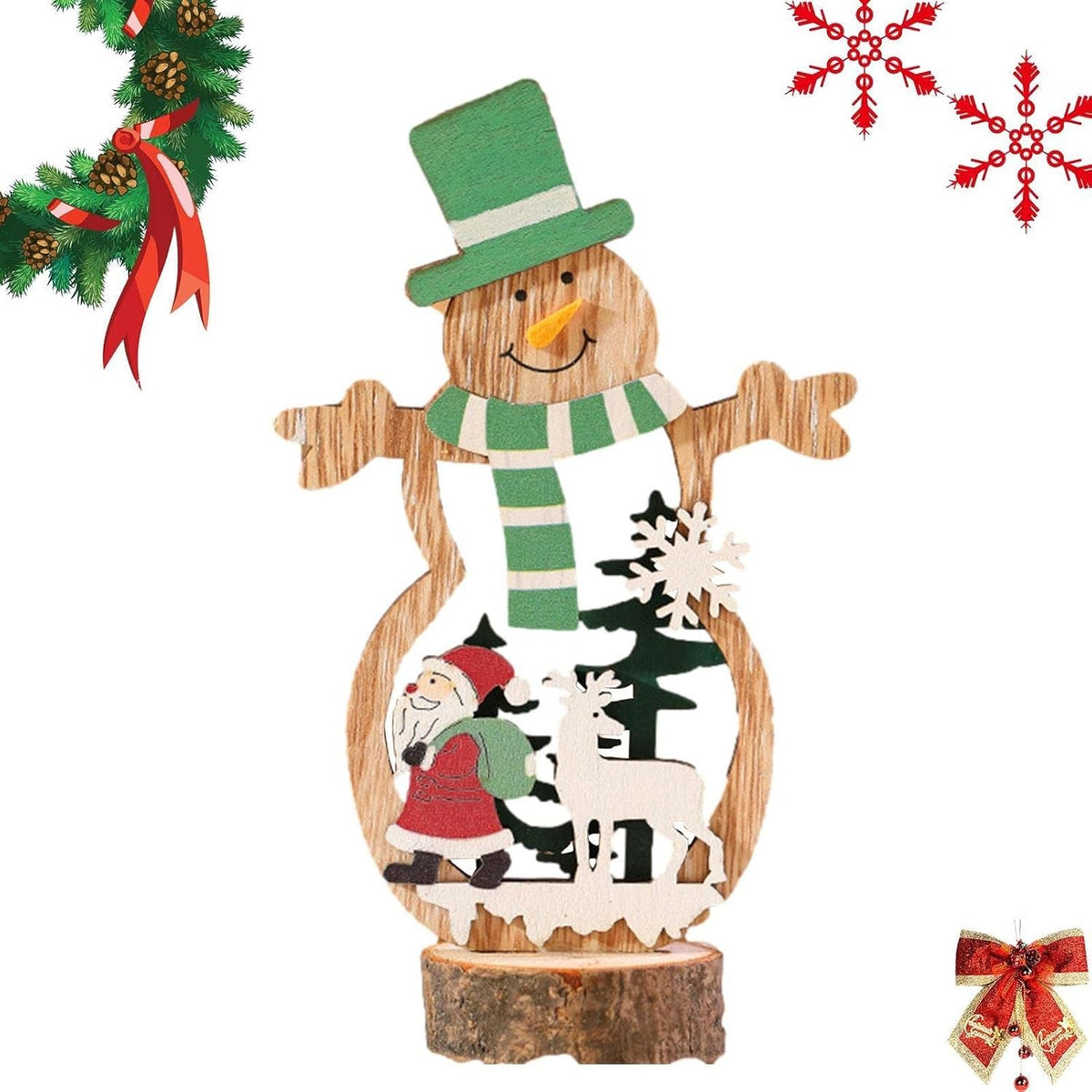 Decorațiune de Crăciun de Sine Stătătoare, Figurină Om de Zăpadă cu Căciulă Verde, Lemn Natural, Multicolor, 10.5 x 18 cm