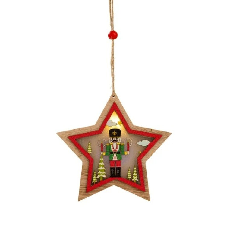 Ornament de Brad cu LED, Figurina Spargatorul de Nuci, Lemn Natural Decupat Laser, Pandantiv Luminos Craciun, Model Stea, 11 x 11 cm, Multicolor