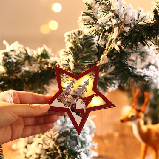 Ornament de Brad cu Lumini LED, Decoratiune Craciun Stea cu Figurina Elf, Lemn Natural, 11 x 10 x 1 cm, Multicolor