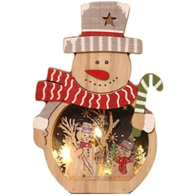 Decorațiune de Crăciun cu Lumini LED Calde, Model Om de Zăpadă, Figurina de Sine Stătătoare din Lemn, Multicolor, 16 x 10.5 x 3.5 cm