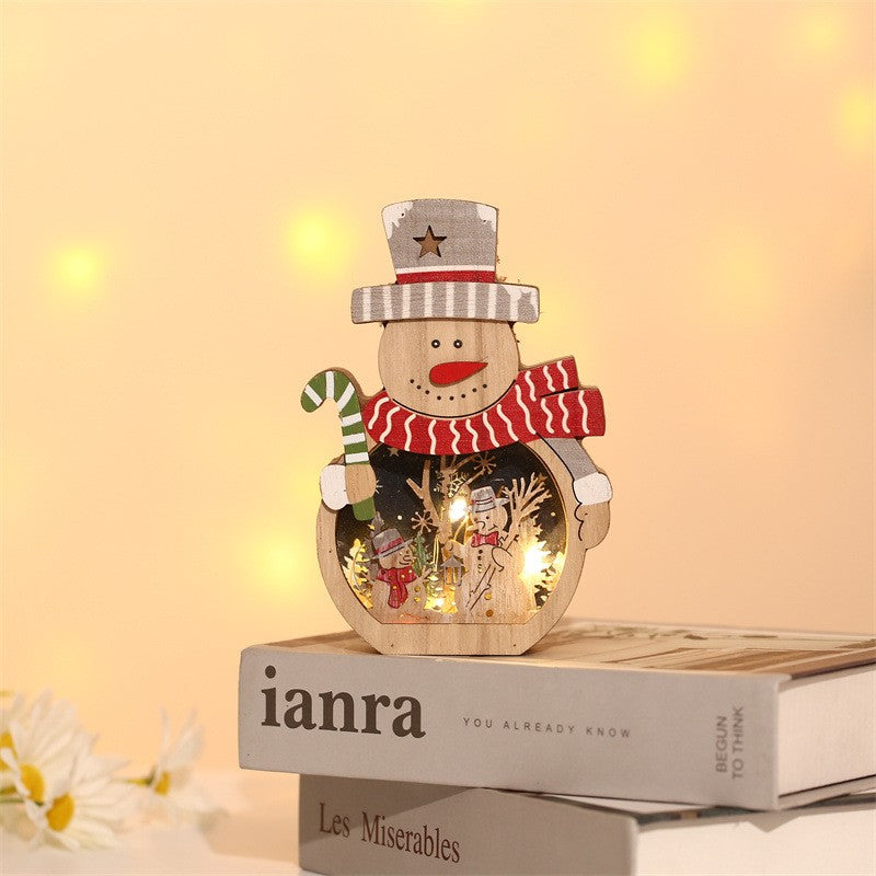 Decorațiune de Crăciun cu Lumini LED Calde, Model Om de Zăpadă, Figurina de Sine Stătătoare din Lemn, Multicolor, 16 x 10.5 x 3.5 cm