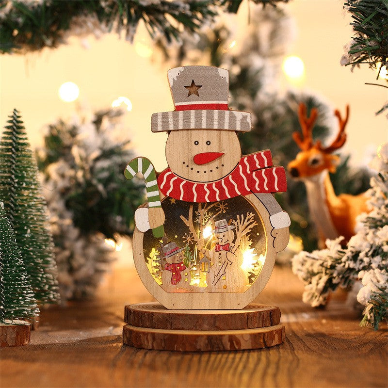 Decorațiune de Crăciun cu Lumini LED Calde, Model Om de Zăpadă, Figurina de Sine Stătătoare din Lemn, Multicolor, 16 x 10.5 x 3.5 cm
